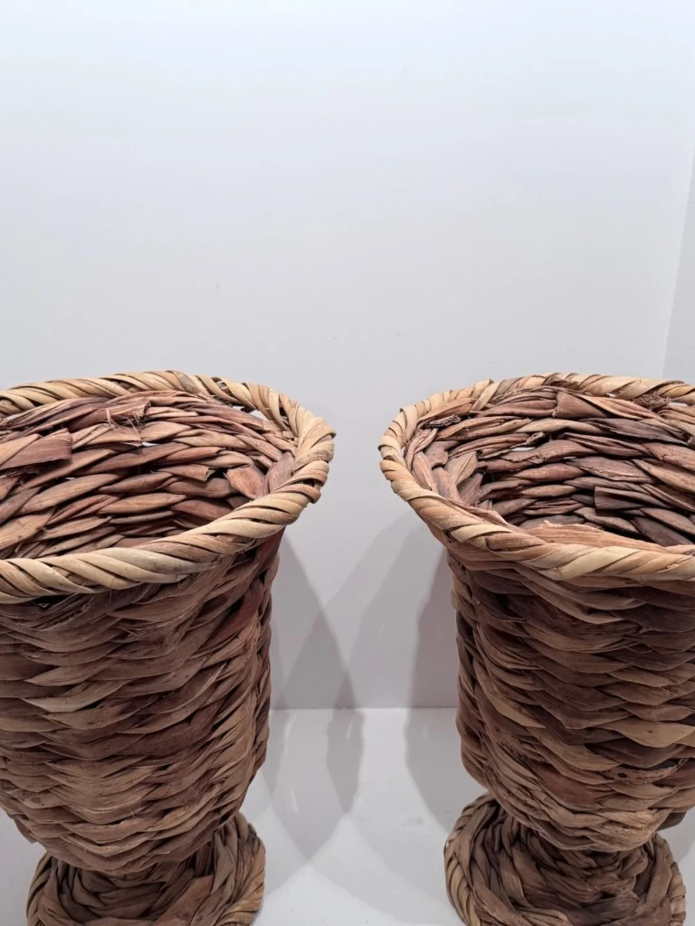Vintage Pair Woven Wicker Urn Style Pedestal Vases